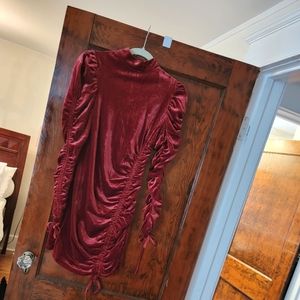 Crimson faux velvet dress-PETITE